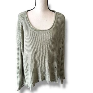 Pol Knit‎ Scoop Neck Distressed Raw Hem Pullover Sweater Green Size Large